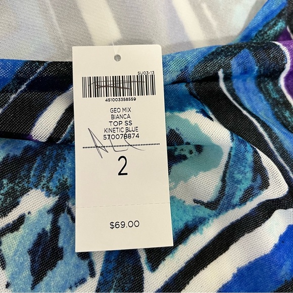 Chicos Black Blue Geometric Print Bianca Short Sleevee Blouse - Picture 10 of 14